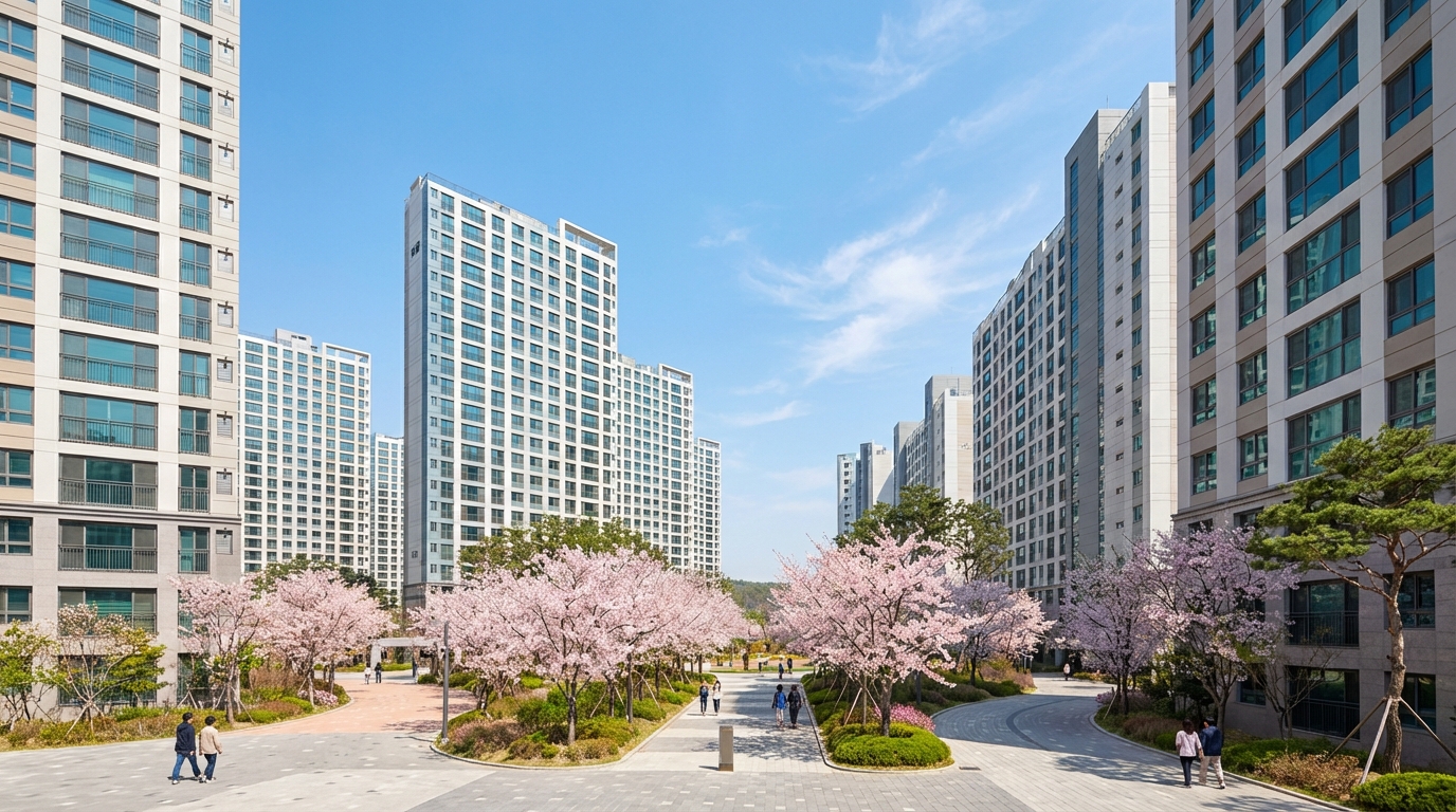 현대식 아파트 단지와 부동산 데이터 대시보드