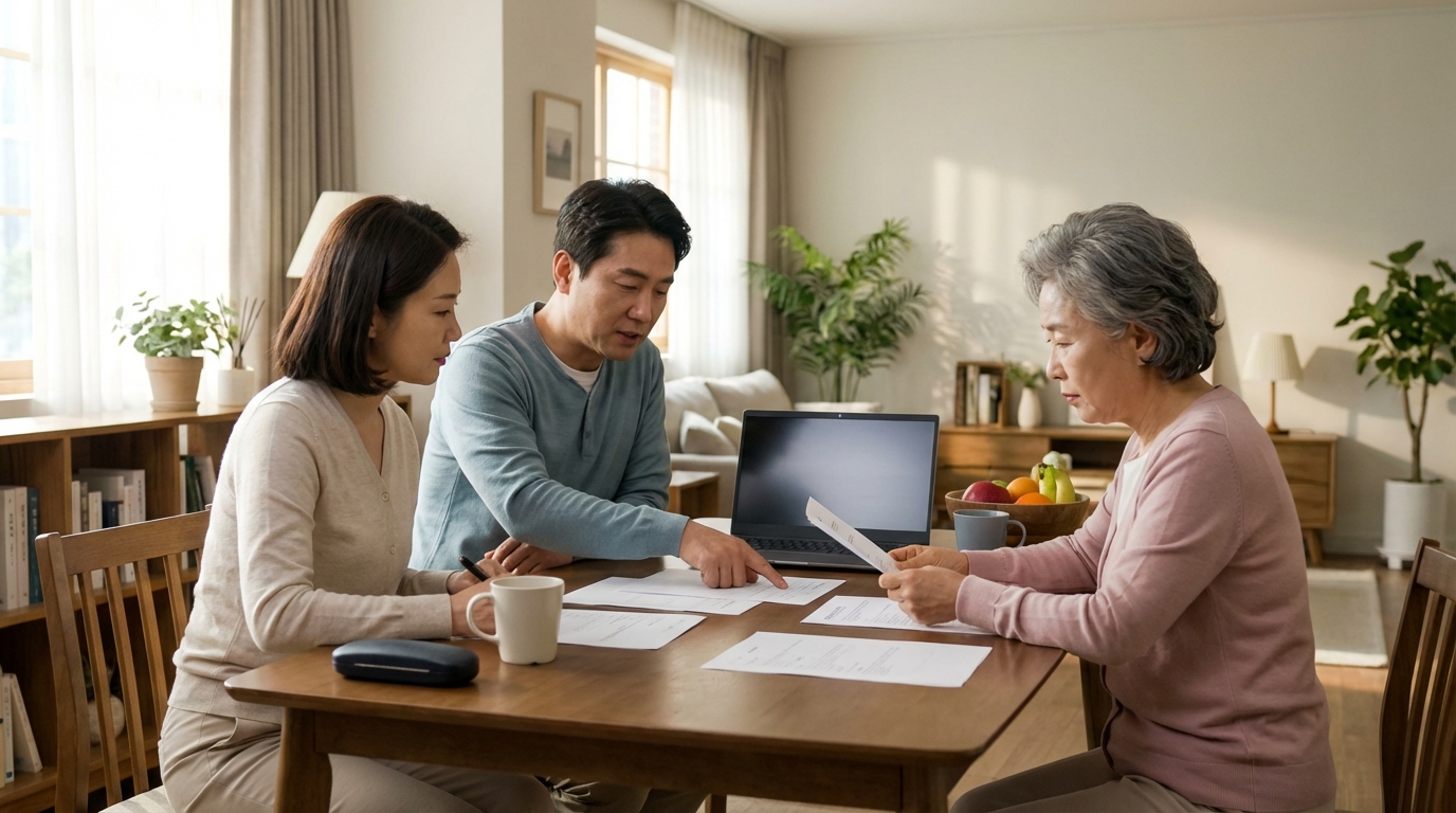 주택담보대출 서류를 검토하는 가족