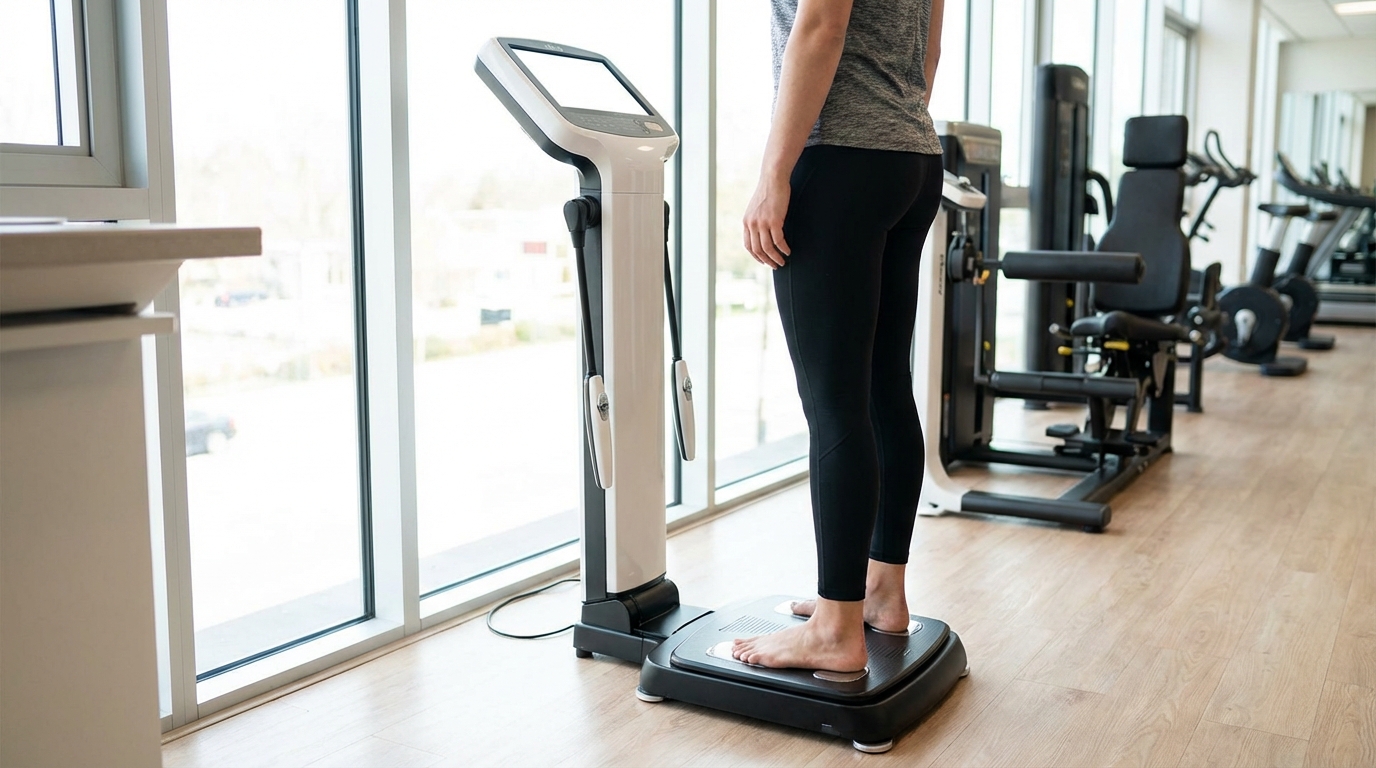 헬스장에서 인바디 체성분 분석기로 측정하는 모습