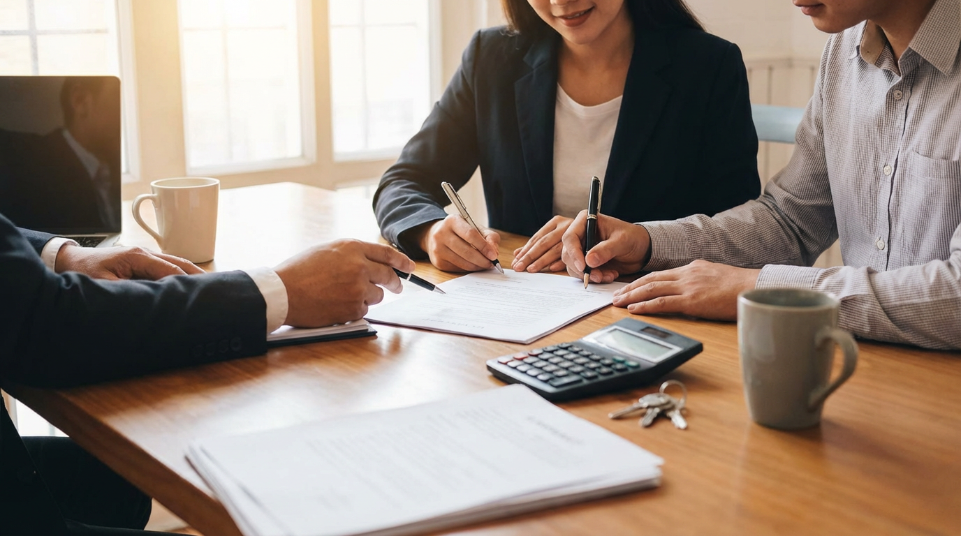공인중개사 사무실에서 계약서에 서명하는 모습