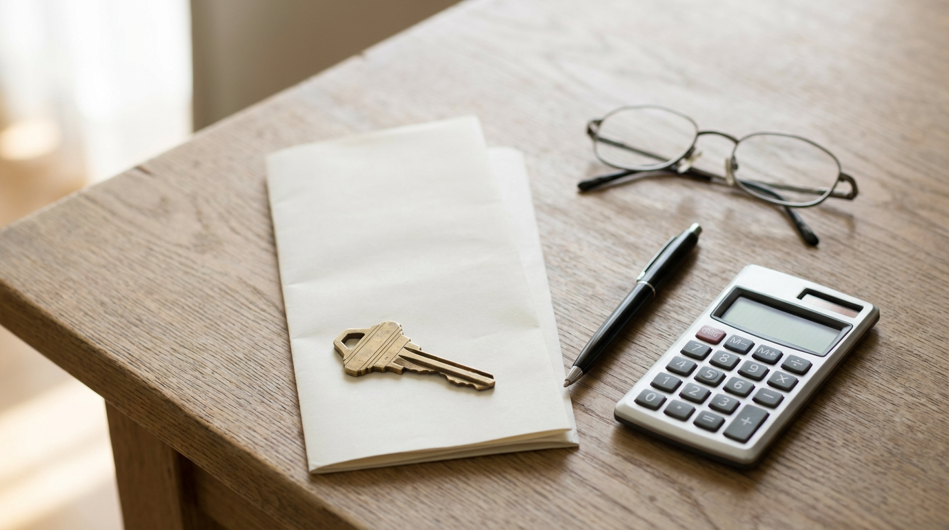 열쇠와 계약서, 펜이 놓인 책상 클로즈업