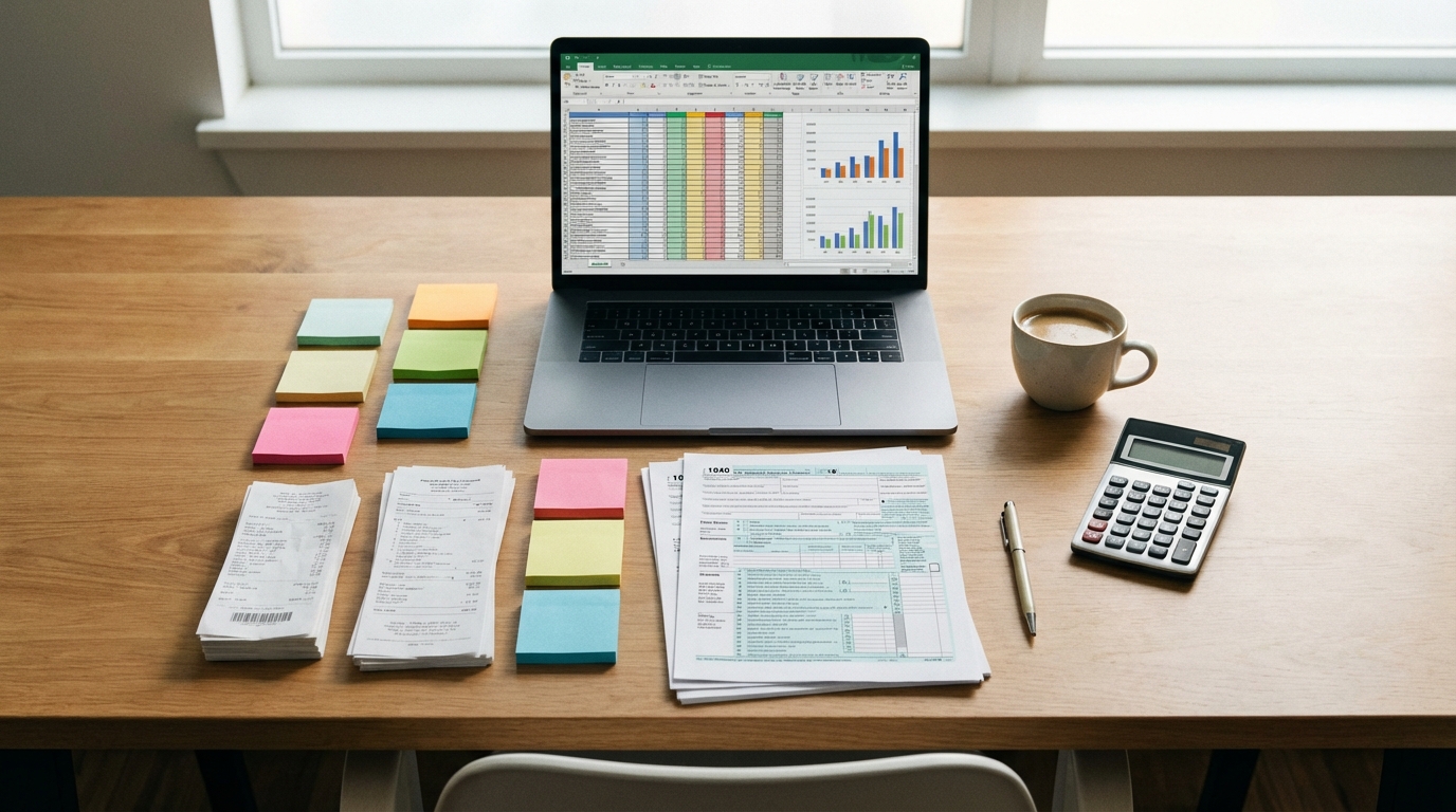 세금 서류와 계산기가 놓인 깔끔한 사무실 책상