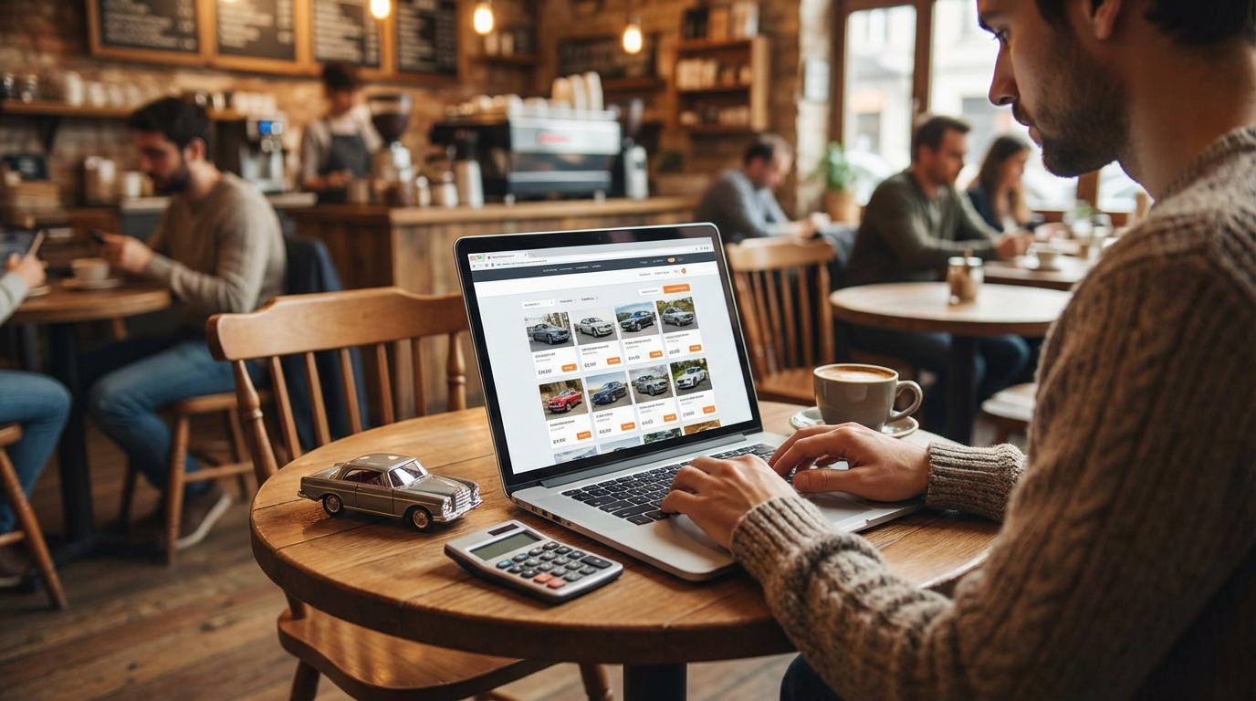 카페에서 노트북으로 자동차 승계 정보를 검색하는 모습