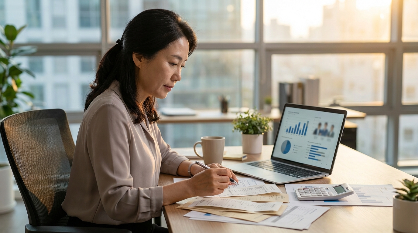종합소득세 신고 준비를 위해 서류를 정리하는 모습