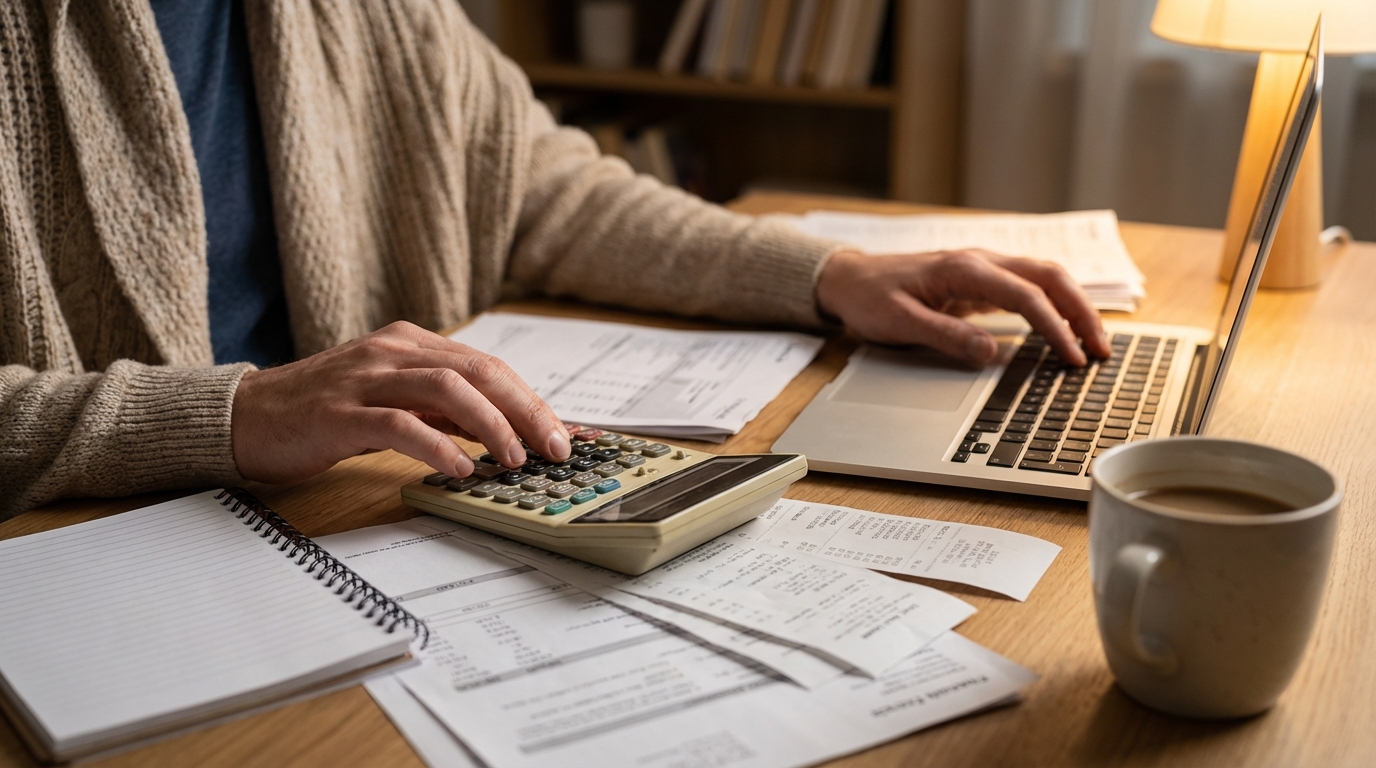 계산기와 노트북으로 대출을 계산하는 모습