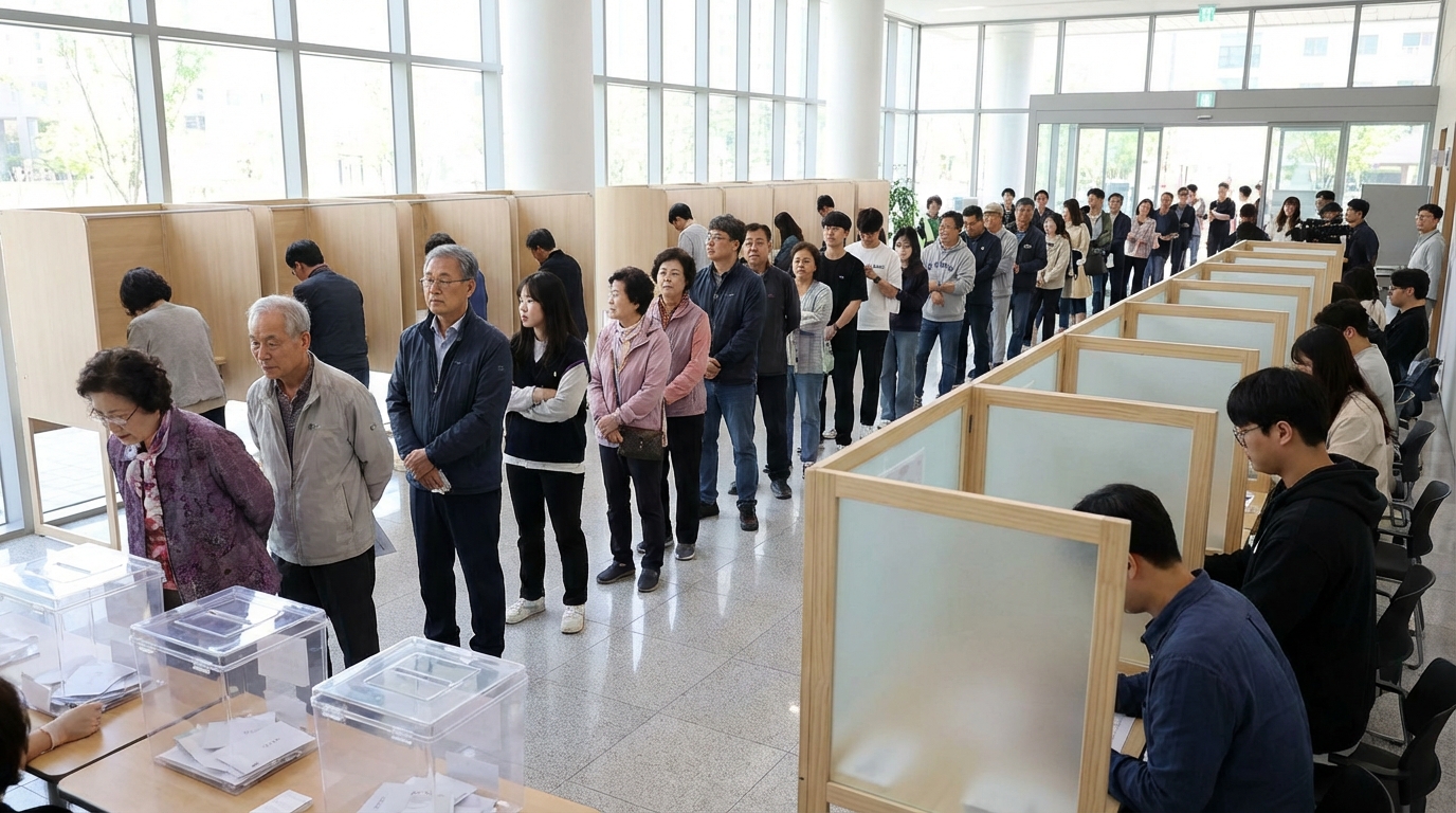 투표소에서 투표하는 시민들