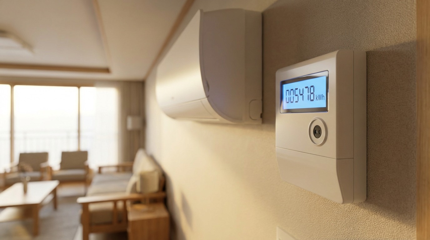 주택용 전기 계량기와 에어컨이 보이는 거실