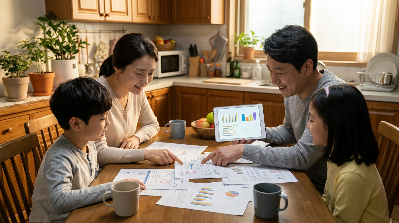 복지 할인 서류와 가족 이미지