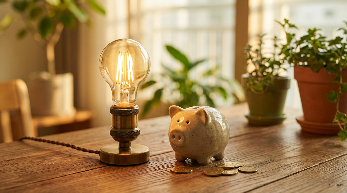 에너지 절약을 상징하는 LED 전구와 절약 저금통