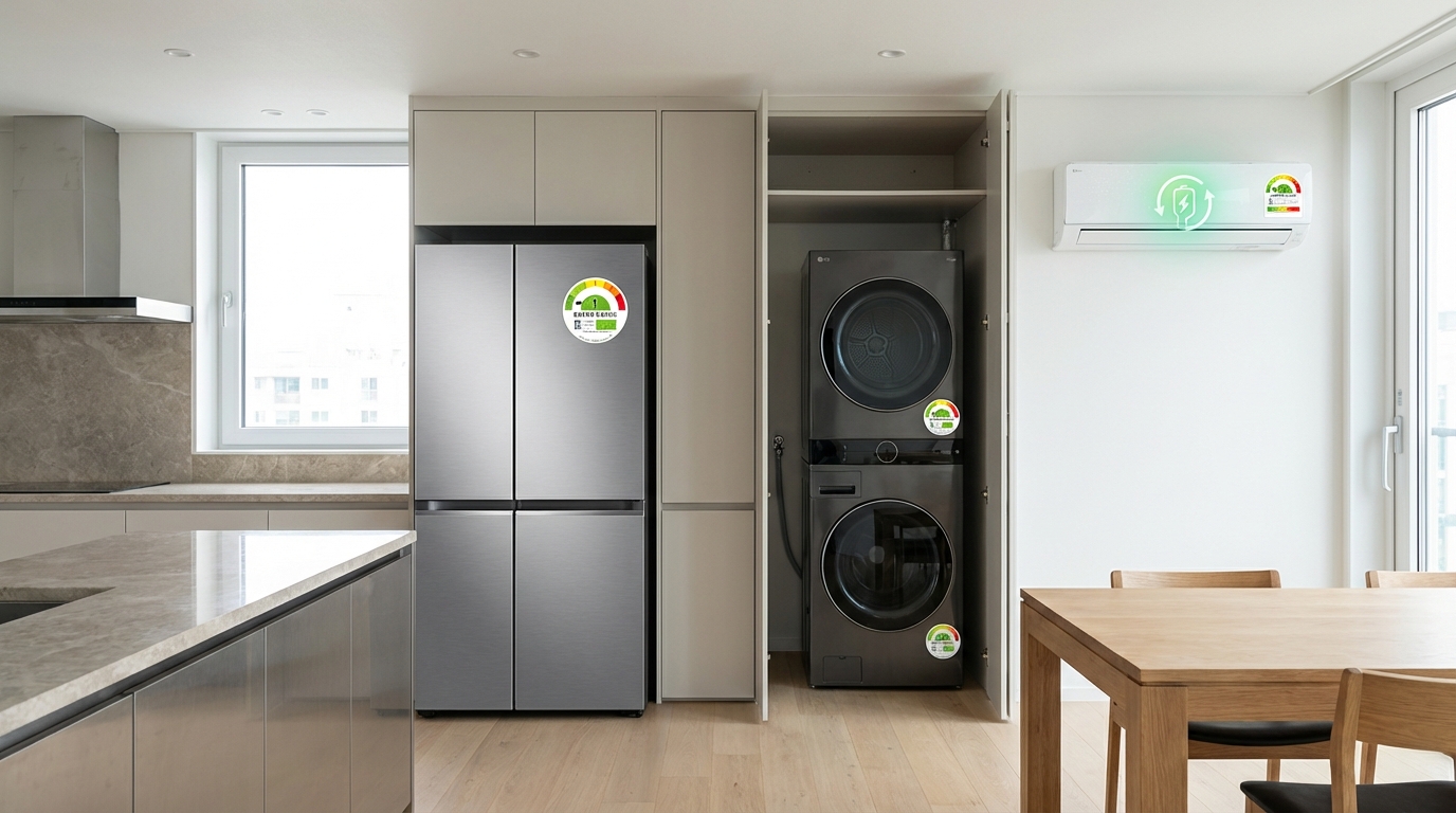 에너지 효율 등급이 표시된 현대식 가전제품들