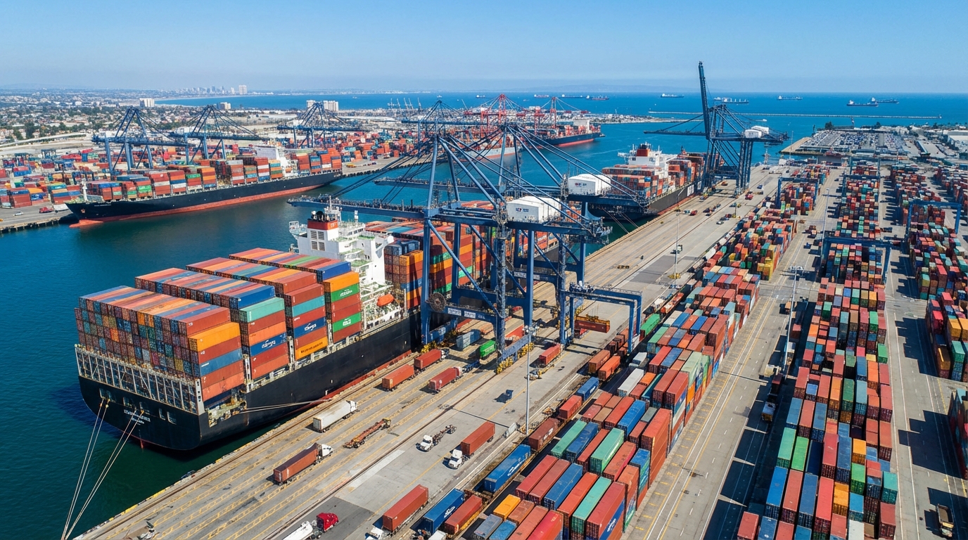 컨테이너 화물선이 가득한 항구 풍경