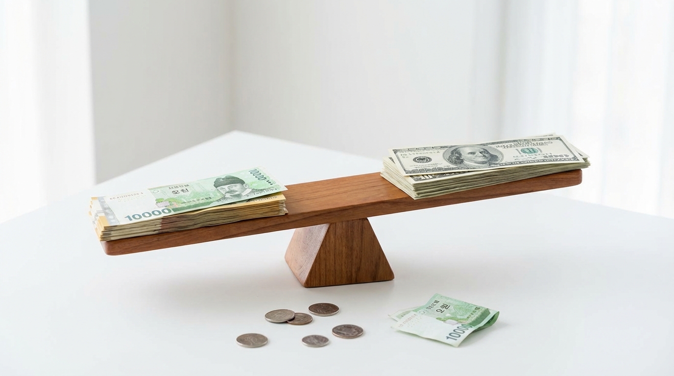 시소 위에 놓인 원화와 달러 지폐