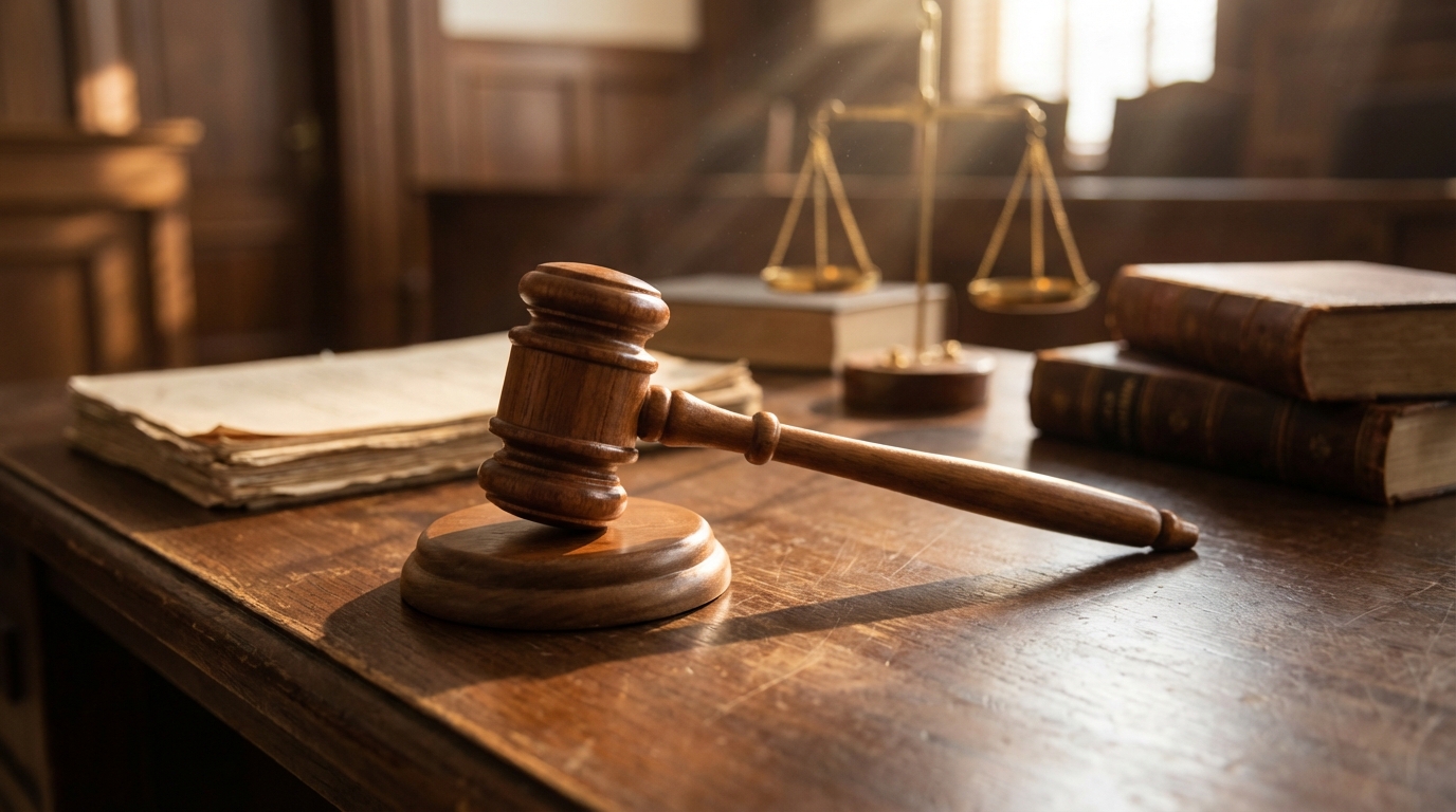 법정 망치와 법률 서류가 놓인 법적 심판 장면