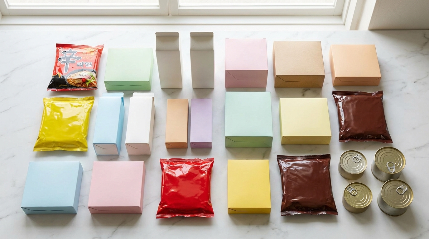 다양한 한국 가공식품들이 테이블 위에 놓인 모습