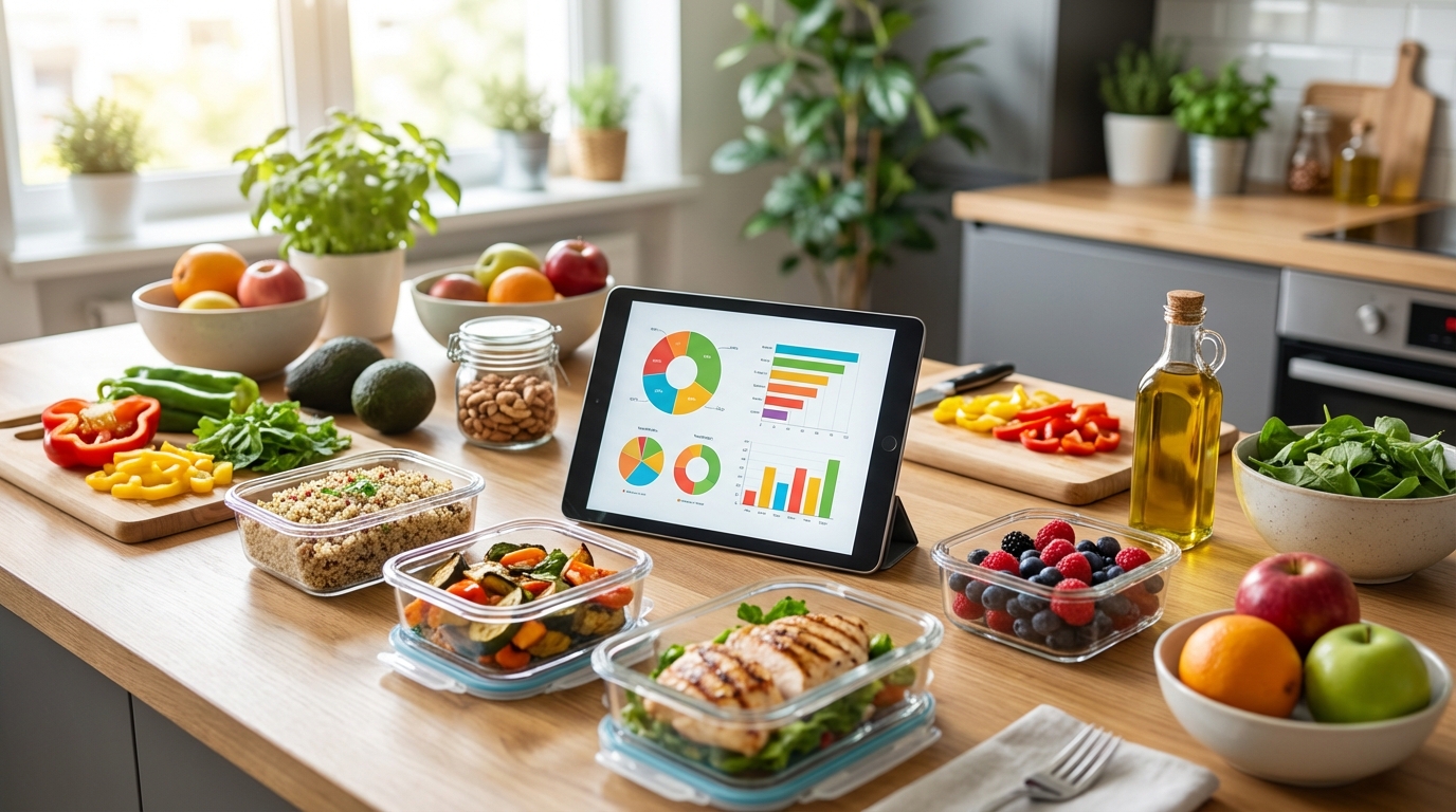 영양 차트와 건강한 식재료가 함께 놓인 식탁