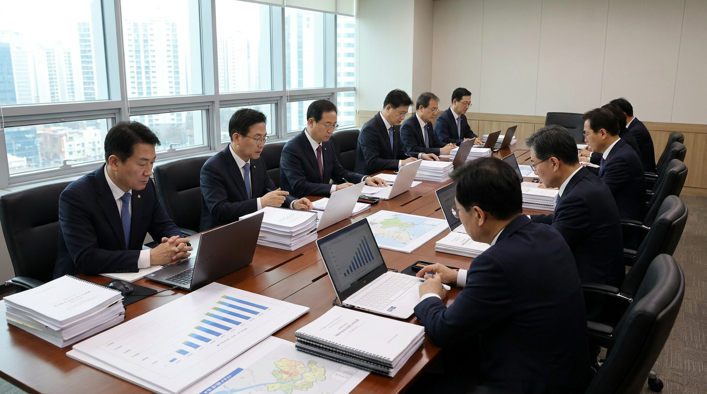 정부 정책 회의와 예산 서류를 검토하는 모습