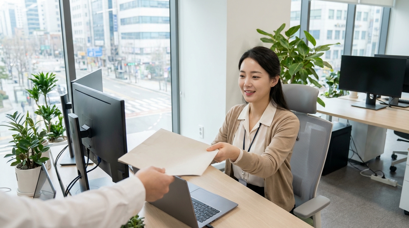 직장에서 급여명세서를 확인하는 모습