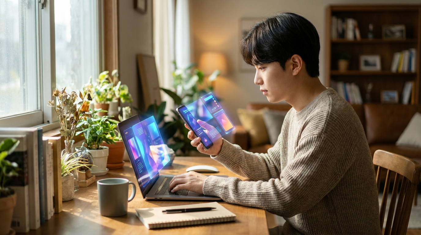 책상 위 노트북과 스마트폰에서 여러 AI 챗봇을 나란히 사용하는 모습