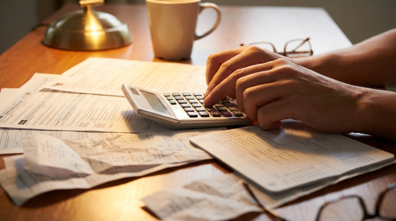 프리랜서 세금 계산 장면 - 계산기와 서류가 놓인 책상