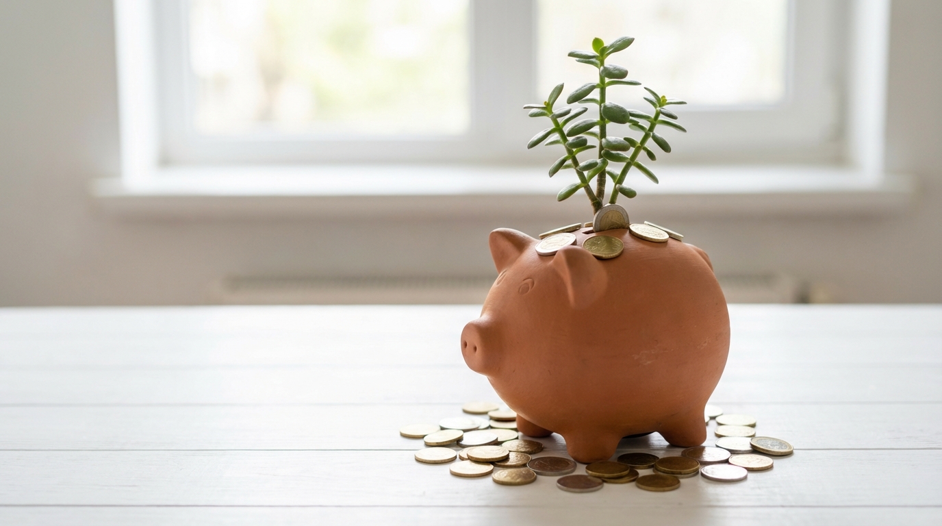 절세와 재정 성장을 상징하는 저금통과 식물