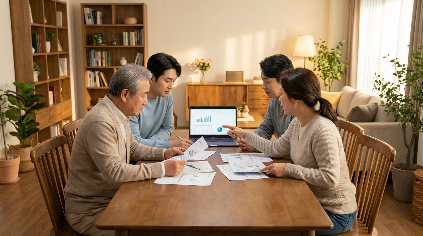 가족이 함께 재산 이전 계획을 논의하는 모습