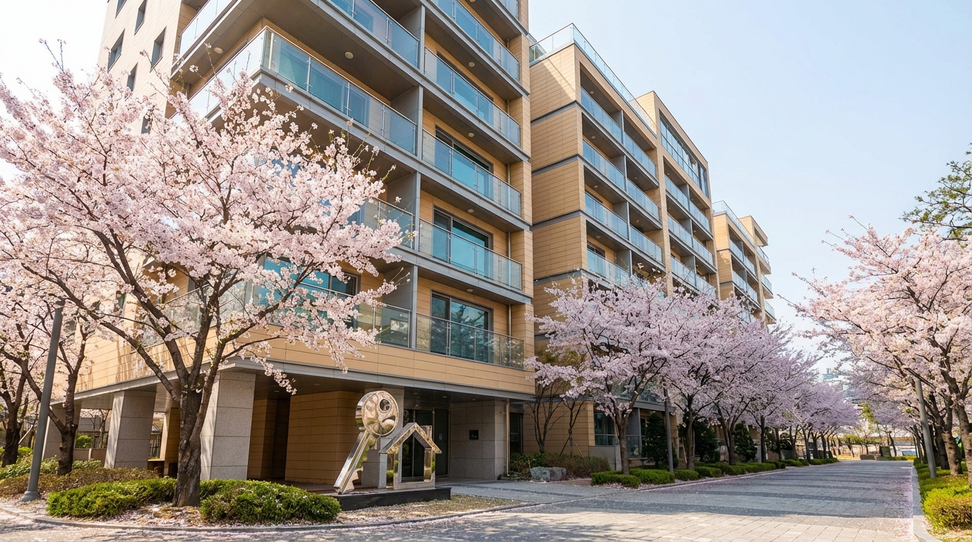 봄날 벚꽃 사이로 보이는 아파트 단지