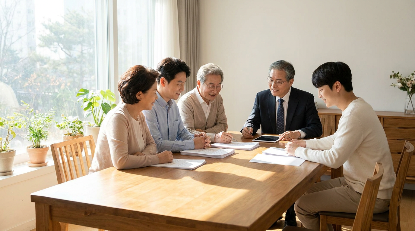 가족이 모여 상속 관련 서류를 검토하며 의논하는 모습