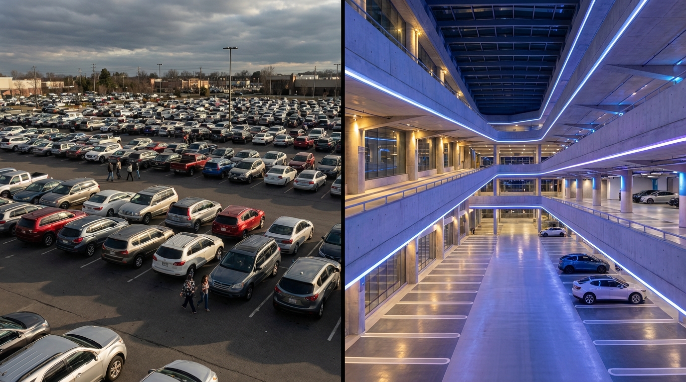 IPv4(가득 찬 주차장)와 IPv6(널찍한 대형 주차장) 비교 이미지