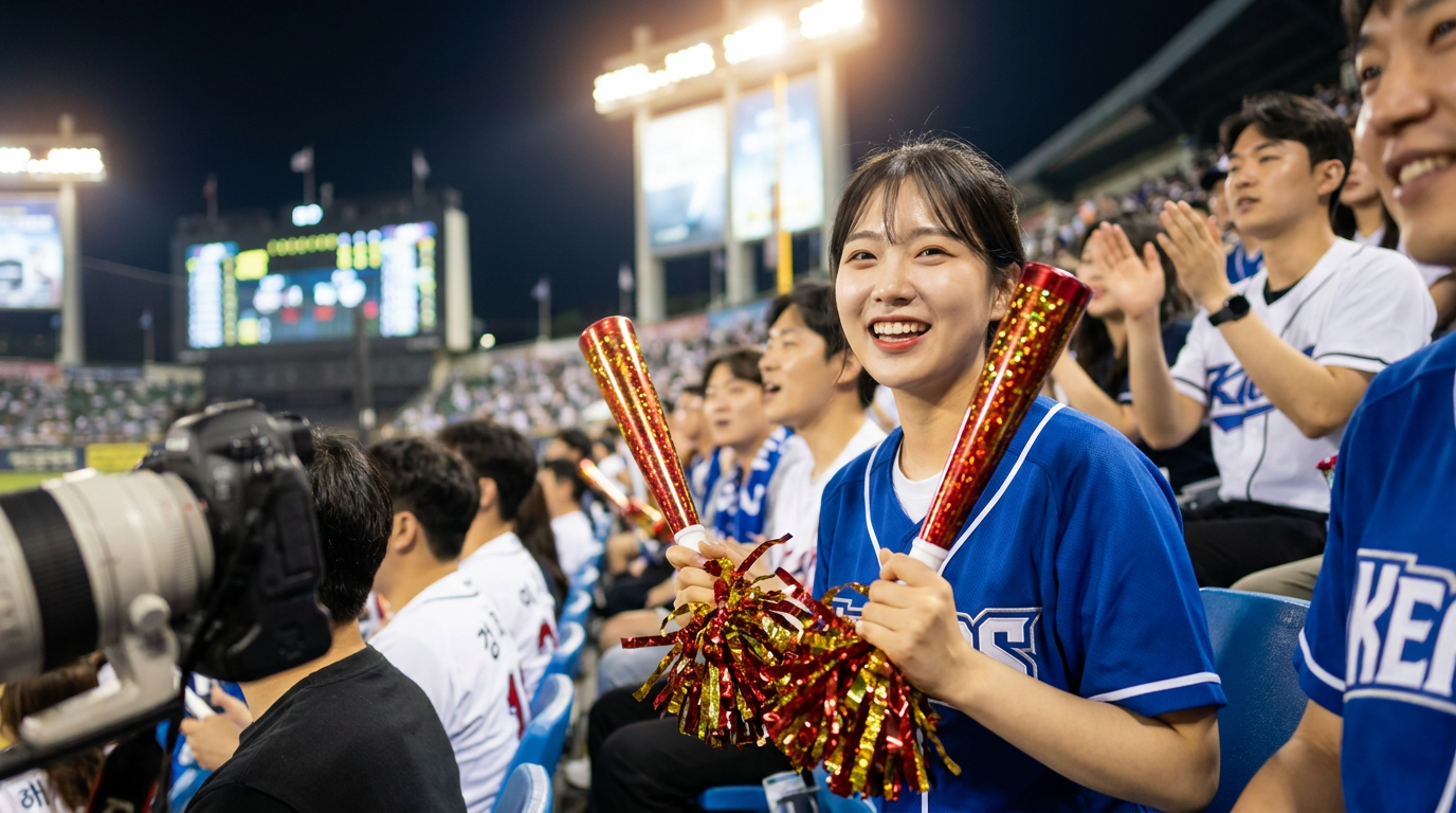 KBO 야구장 관중석에서 응원봉을 흔드는 모습이 중계 카메라에 잡힌 듯한 AI 직관샷 예시