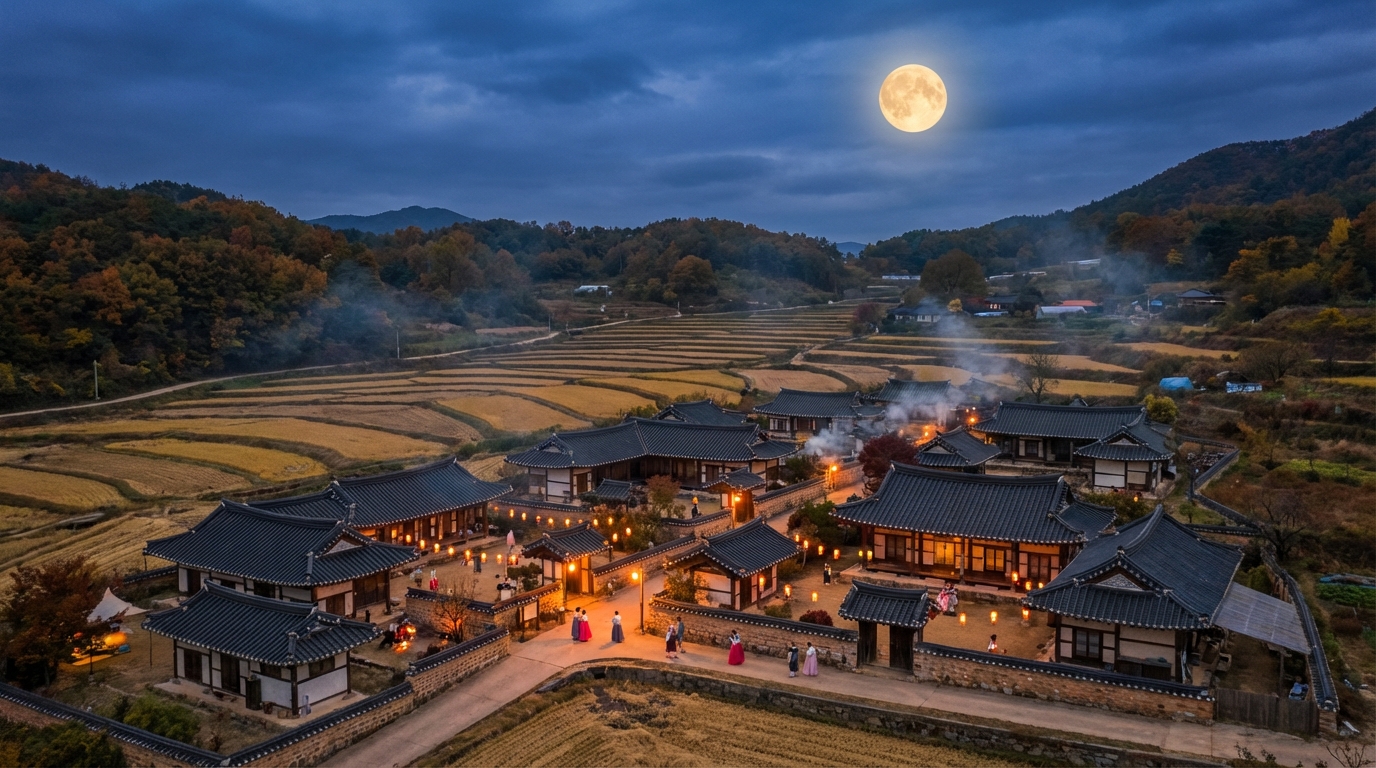 보름달 아래 한국 전통 마을의 추석 풍경