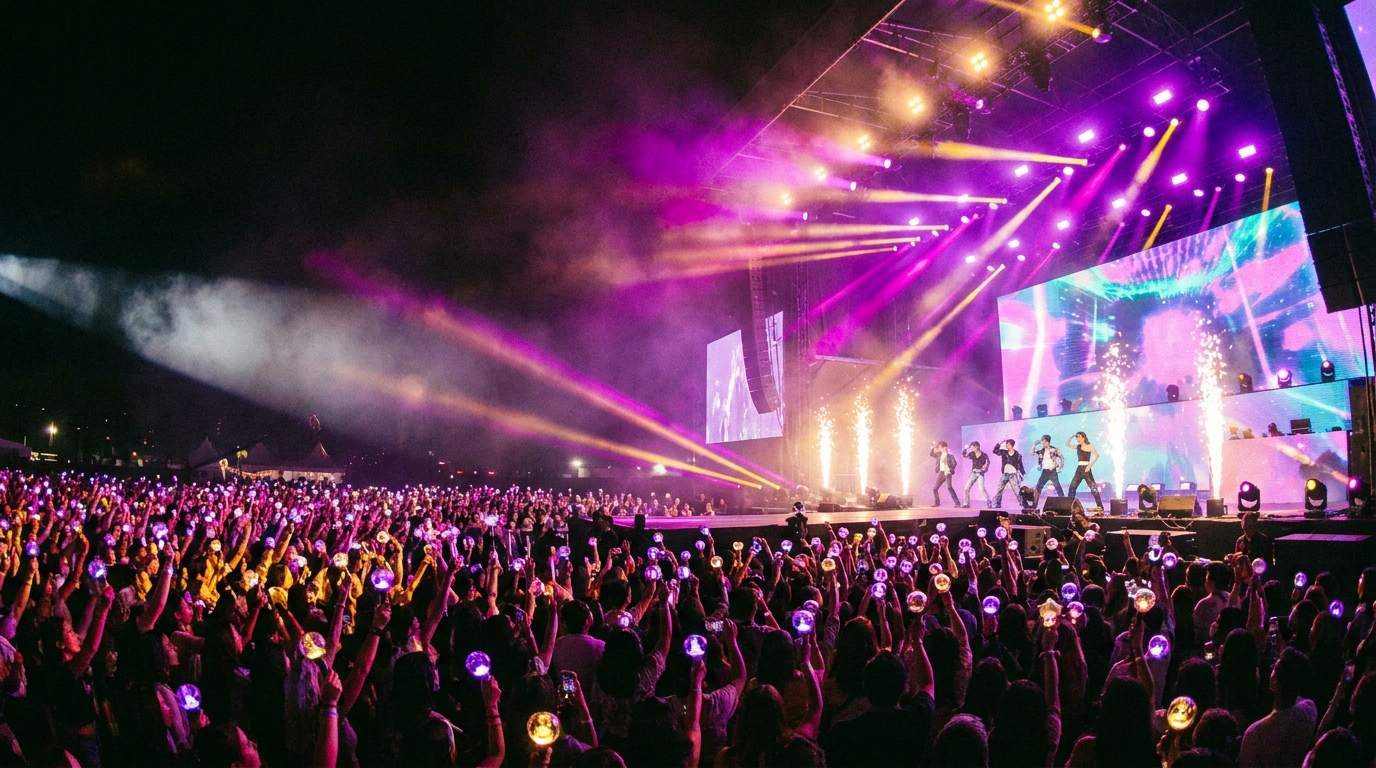 화려한 조명이 쏟아지는 K-팝 콘서트 무대