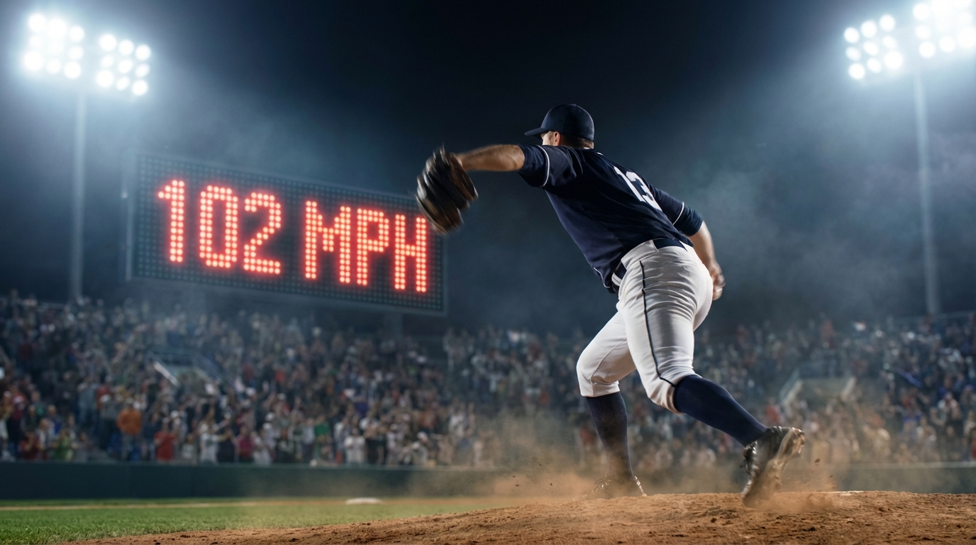 야구 투수가 패스트볼을 던지는 모습과 스피드건