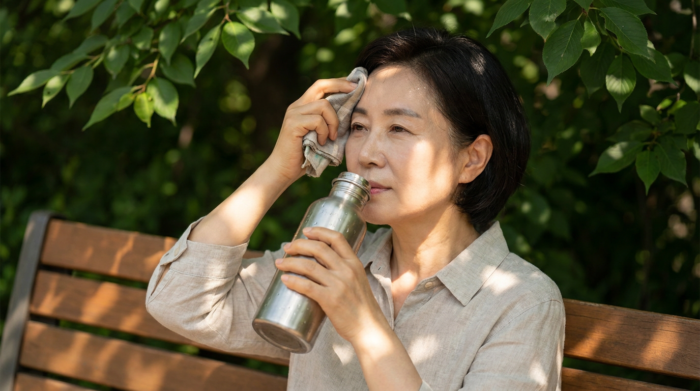 더운 여름날 물을 마시며 그늘에서 쉬는 사람