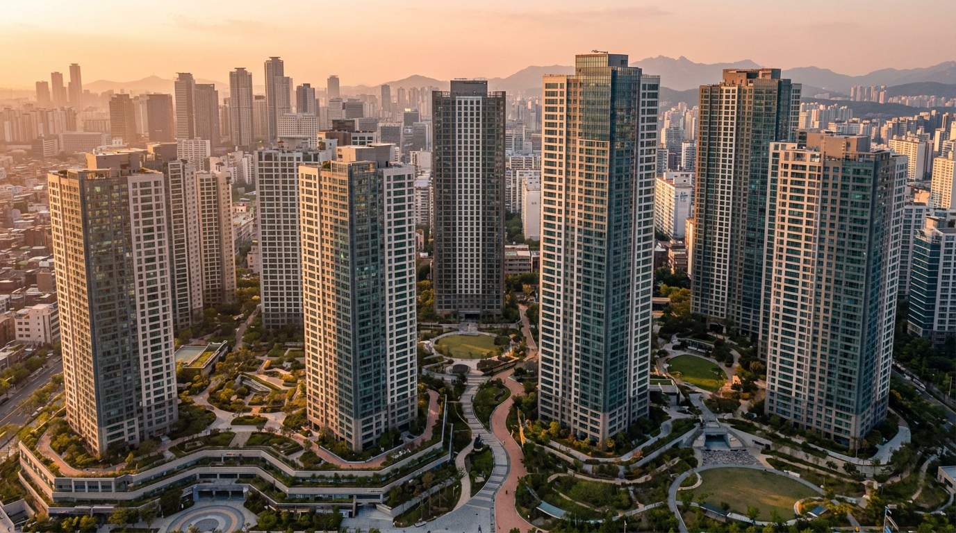 현대적인 서울 아파트 단지의 항공 뷰