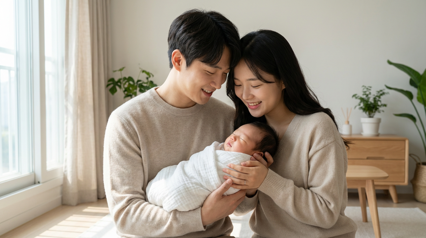 신생아를 안고 있는 젊은 한국인 부부