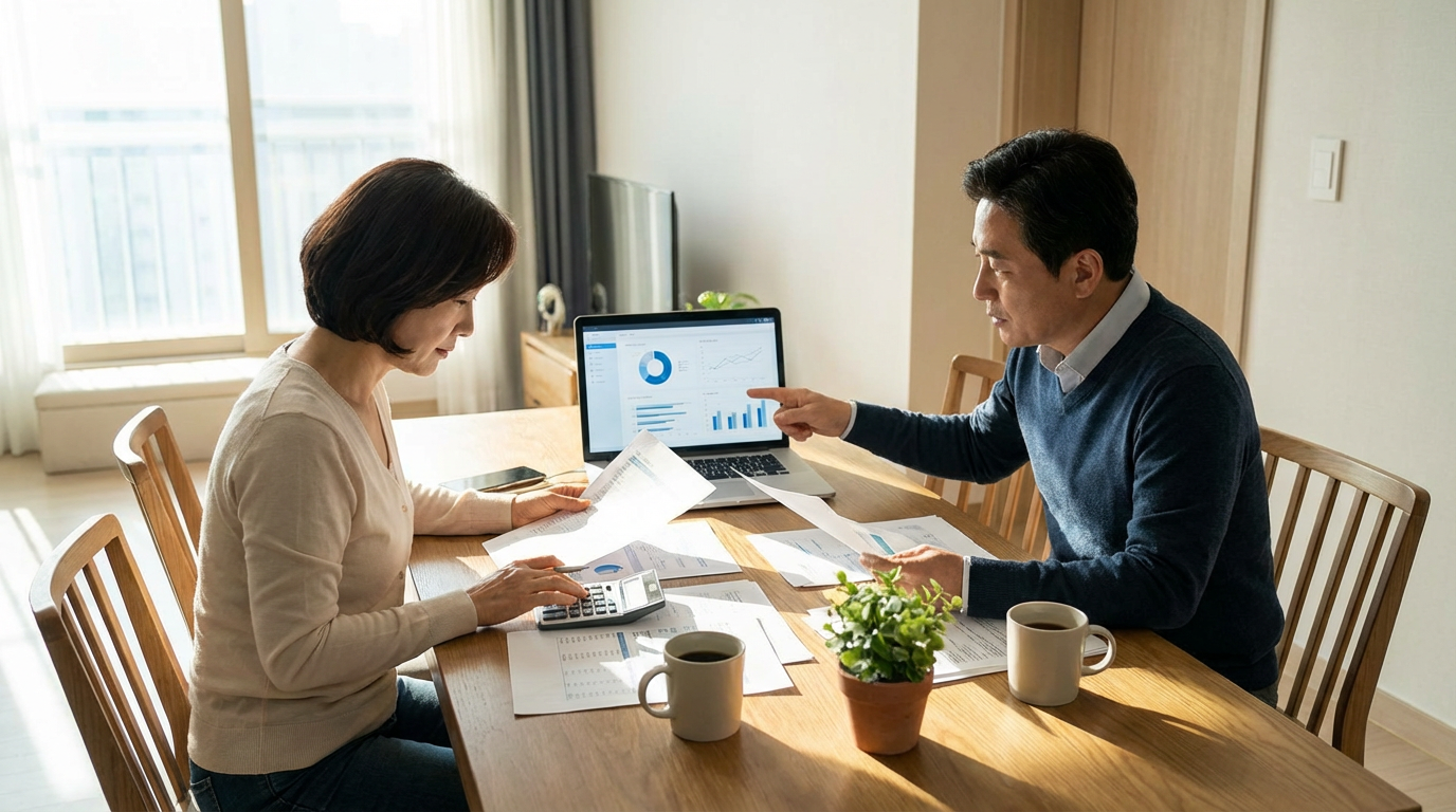 노트북으로 청약 서류를 검토하는 부부