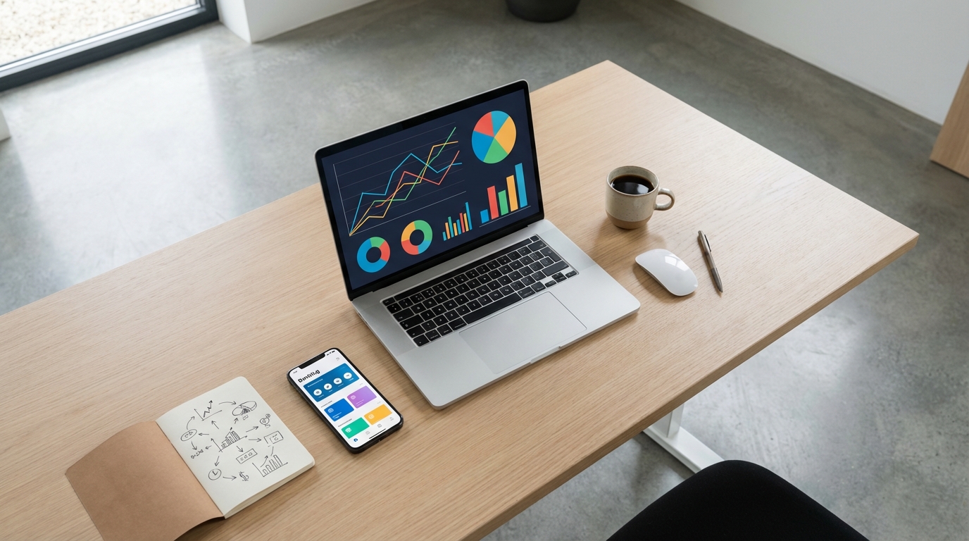 투자 포트폴리오 차트가 표시된 노트북과 스마트폰