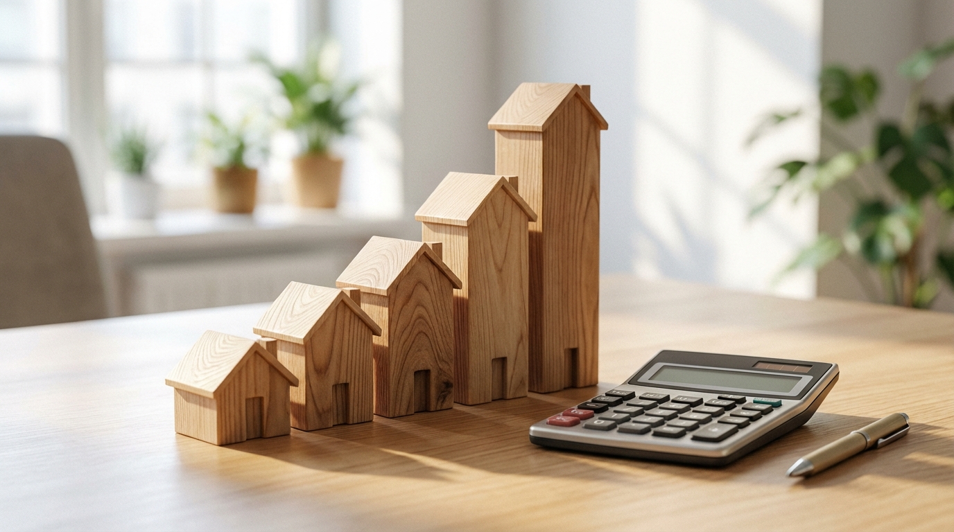 집 모형으로 쌓은 상승 차트와 계산기