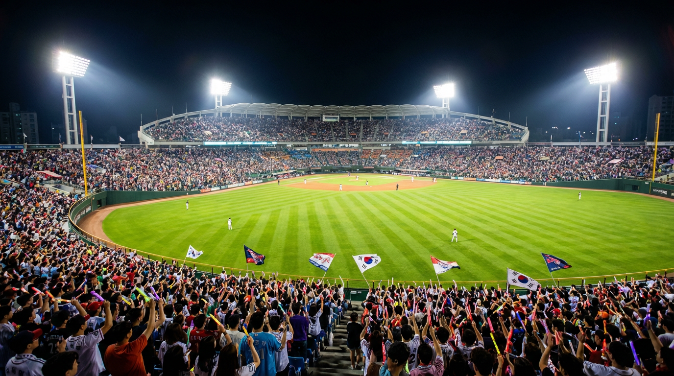 꽉 찬 한국 프로야구 구장 야간 경기 풍경