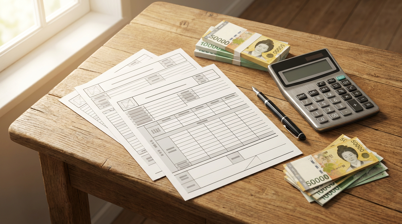 세금 계산 서류와 계산기, 한국 원화 지폐