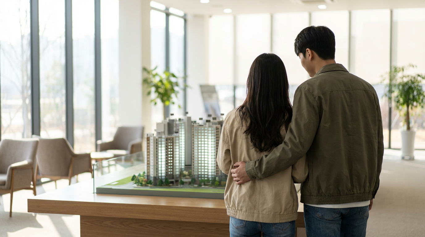 아파트 모델하우스에서 상담받는 가족