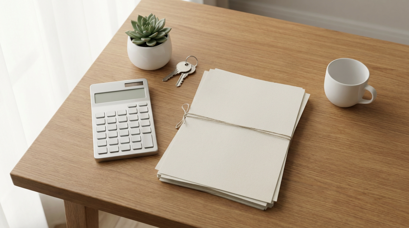 부동산 서류와 계산기가 놓인 책상