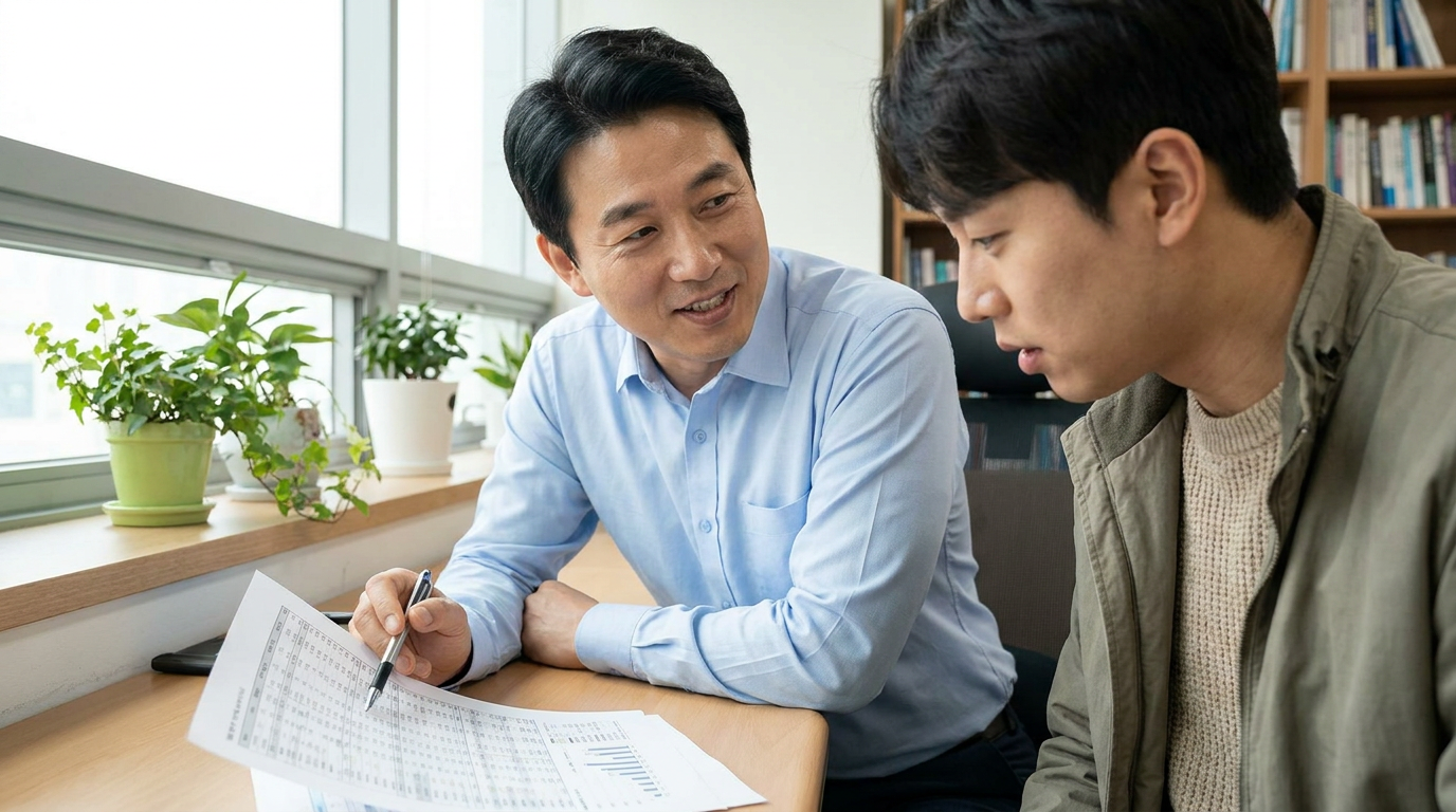 세무사가 자영업자에게 신고서를 설명하는 모습