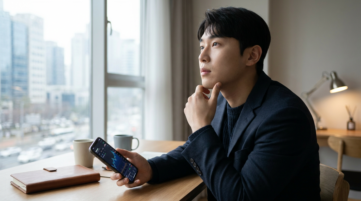 고민하는 개인 투자자와 스마트폰 주식 앱 화면