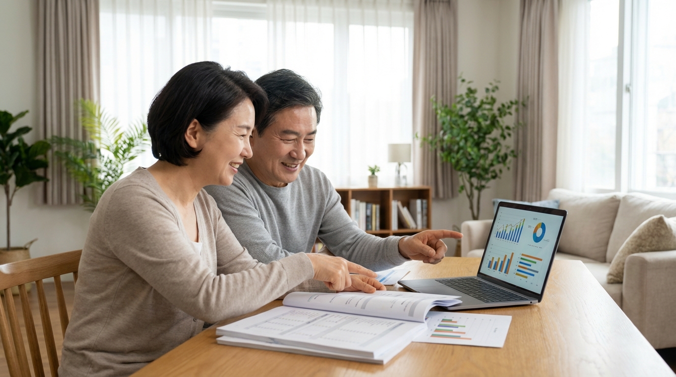 퇴직연금 서류를 검토하는 부부