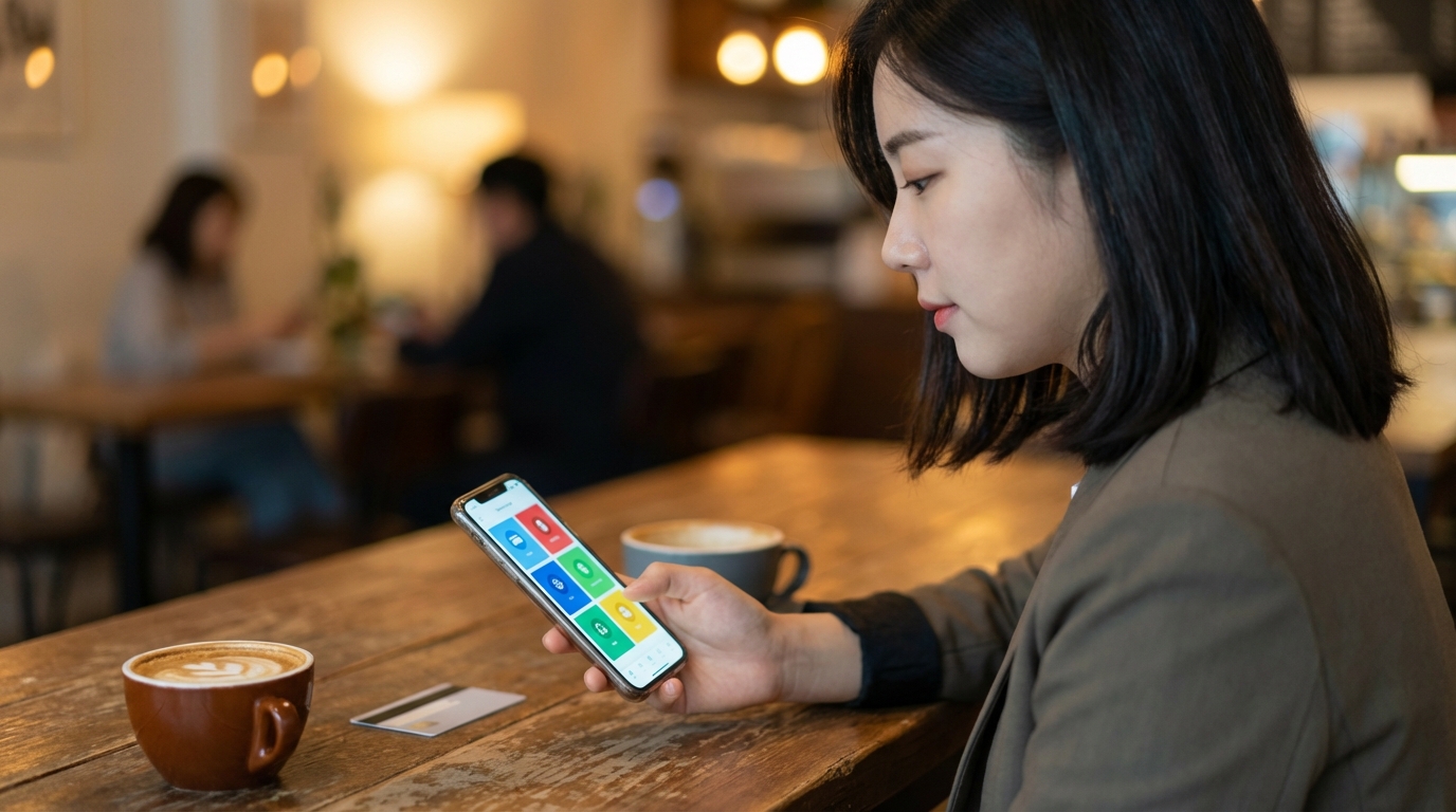 스마트폰으로 가계부 앱을 확인하는 모습