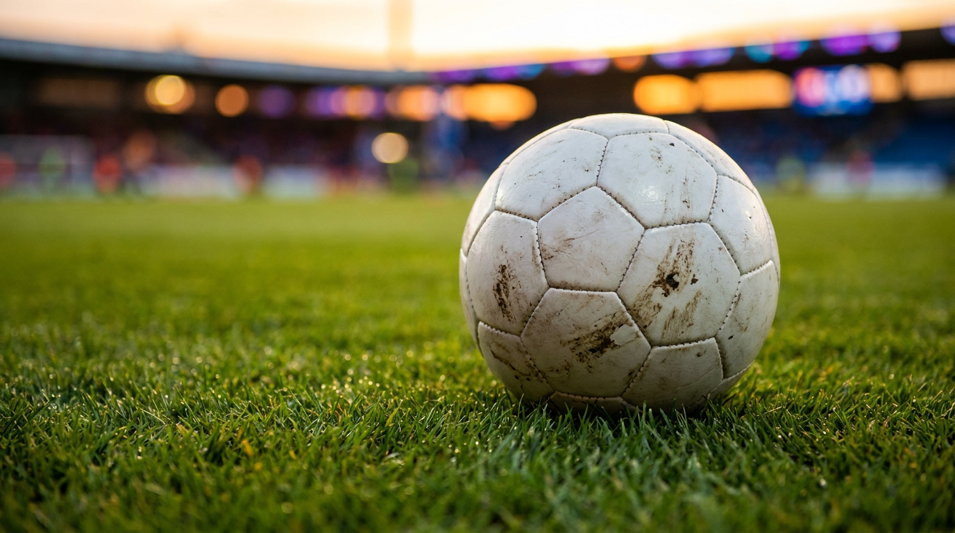 그라운드 위에 놓인 축구공과 잔디 클로즈업