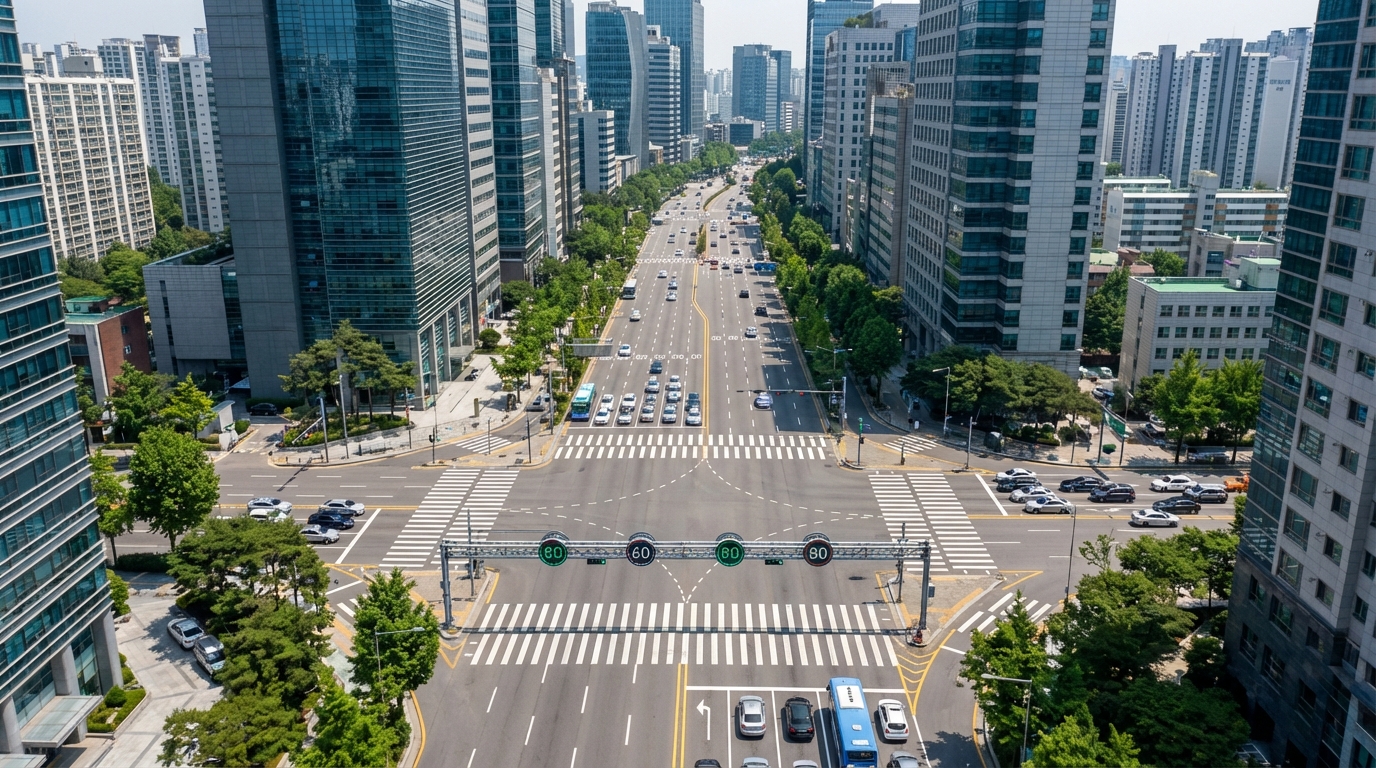 한국 도심 도로와 속도 제한 표지판