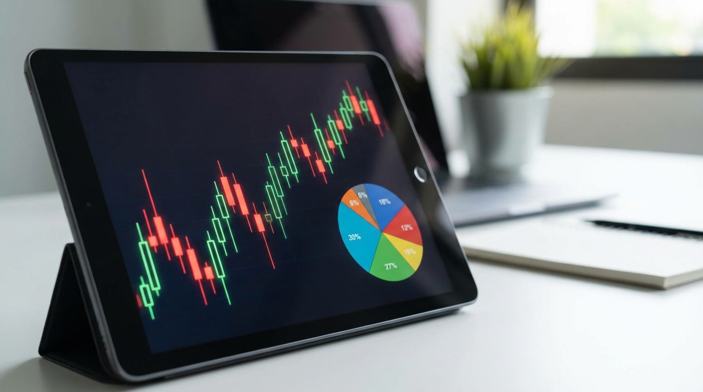 태블릿에서 주식 차트와 포트폴리오를 분석하는 모습