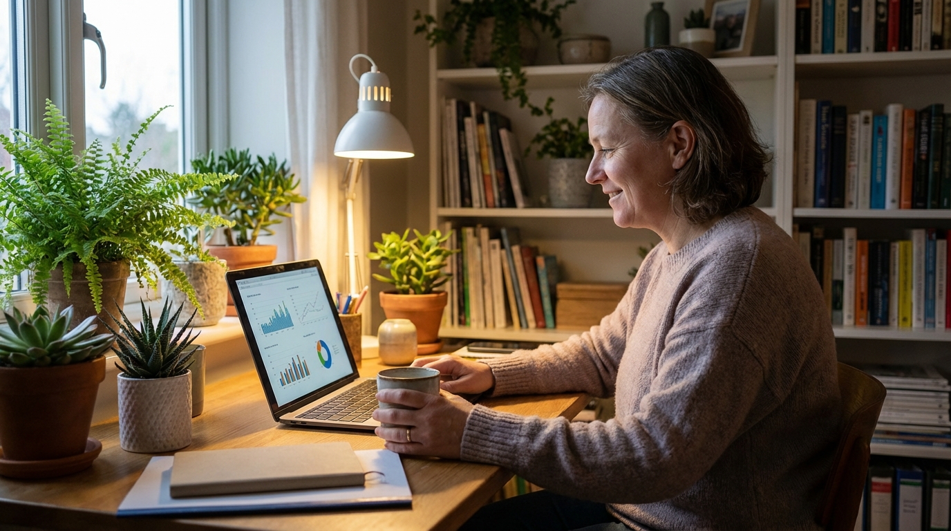 홈 오피스에서 장기 투자 포트폴리오를 검토하는 모습